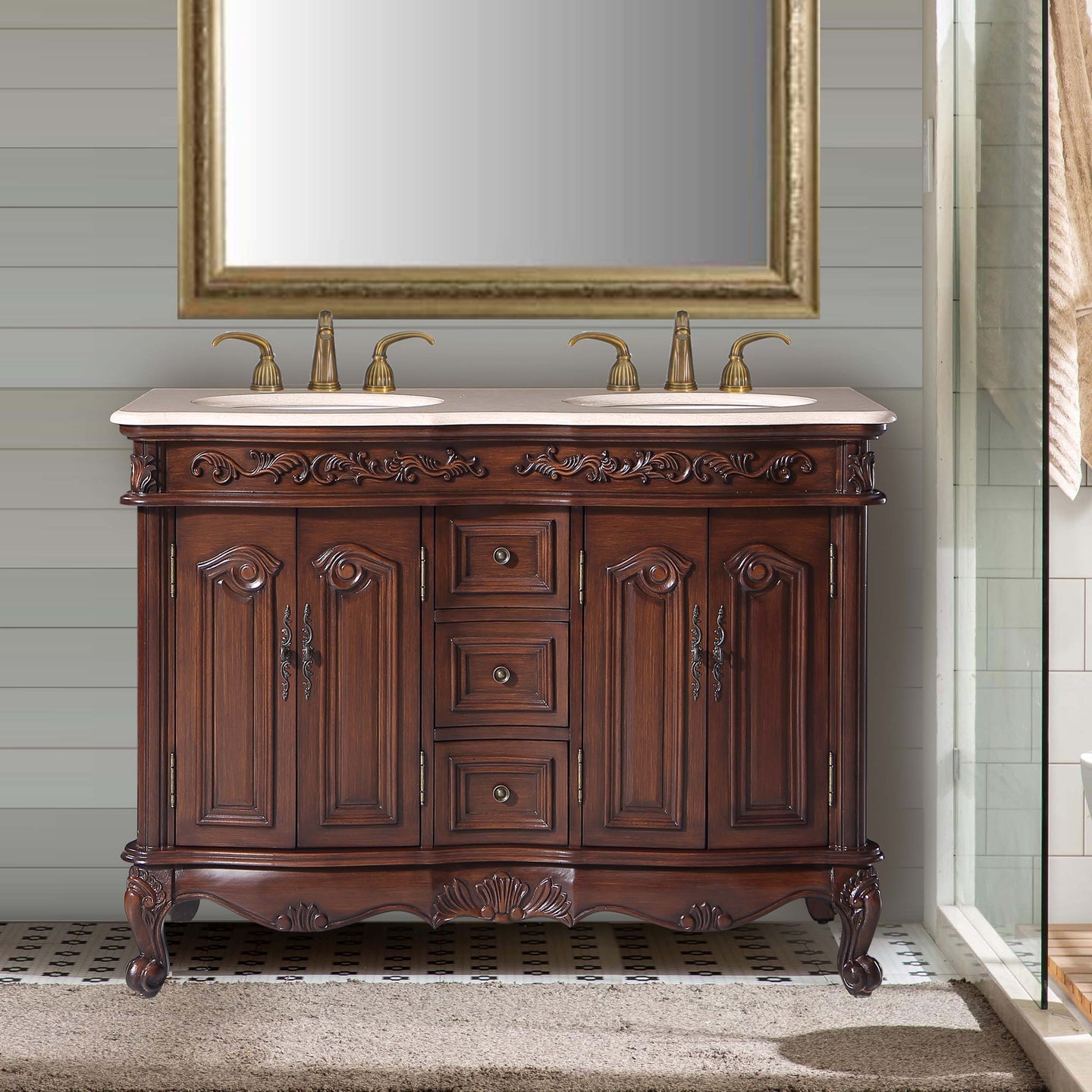 Silkroad Exclusive 48-inch English Chestnut Double Sink Vanity with Crema Marfil Marble Top - V0145CW48D