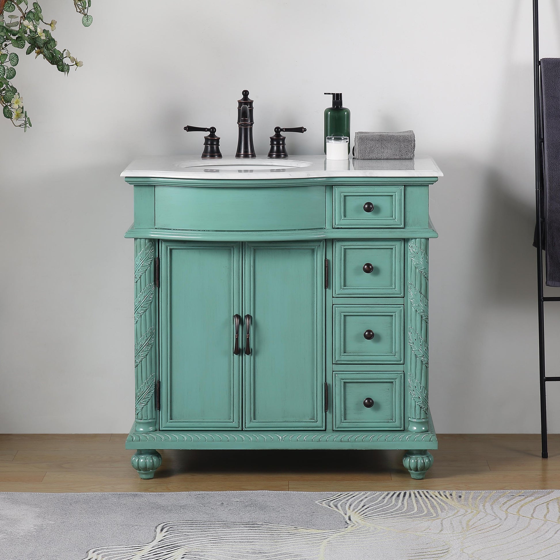 Silkroad Exclusive 36-inch Traditional Vintage Green Single Left side Sink Vanity - V0213NW36L