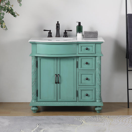 Silkroad Exclusive 36-inch Traditional Vintage Green Single Left side Sink Vanity - V0213NW36L