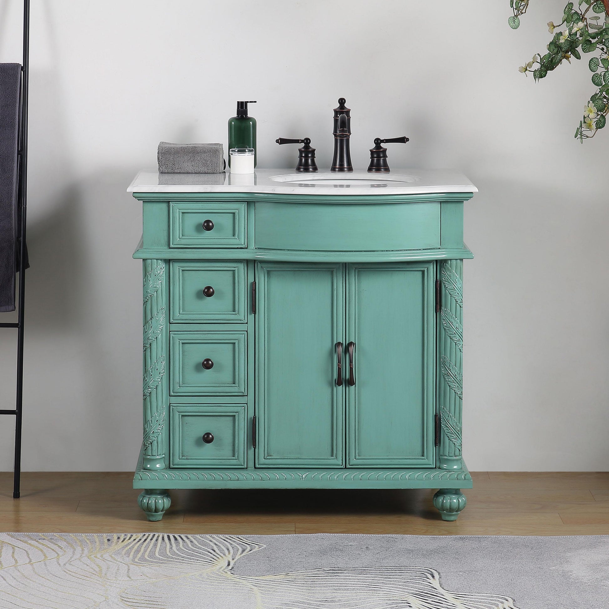 Silkroad Exclusive 36-inch Traditional Vintage Green Single Right side Sink Vanity - V0213NW36R