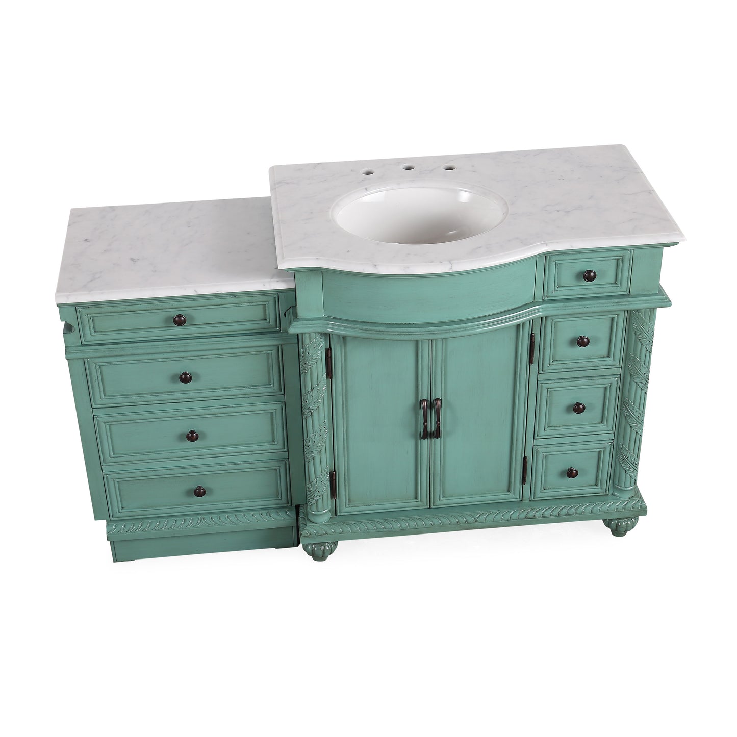 Silkroad Exclusive Traditional Vintage Green 55.5" Single Sink Vanity with Carrara White Marble Top Left side Sink - V0213NW56L