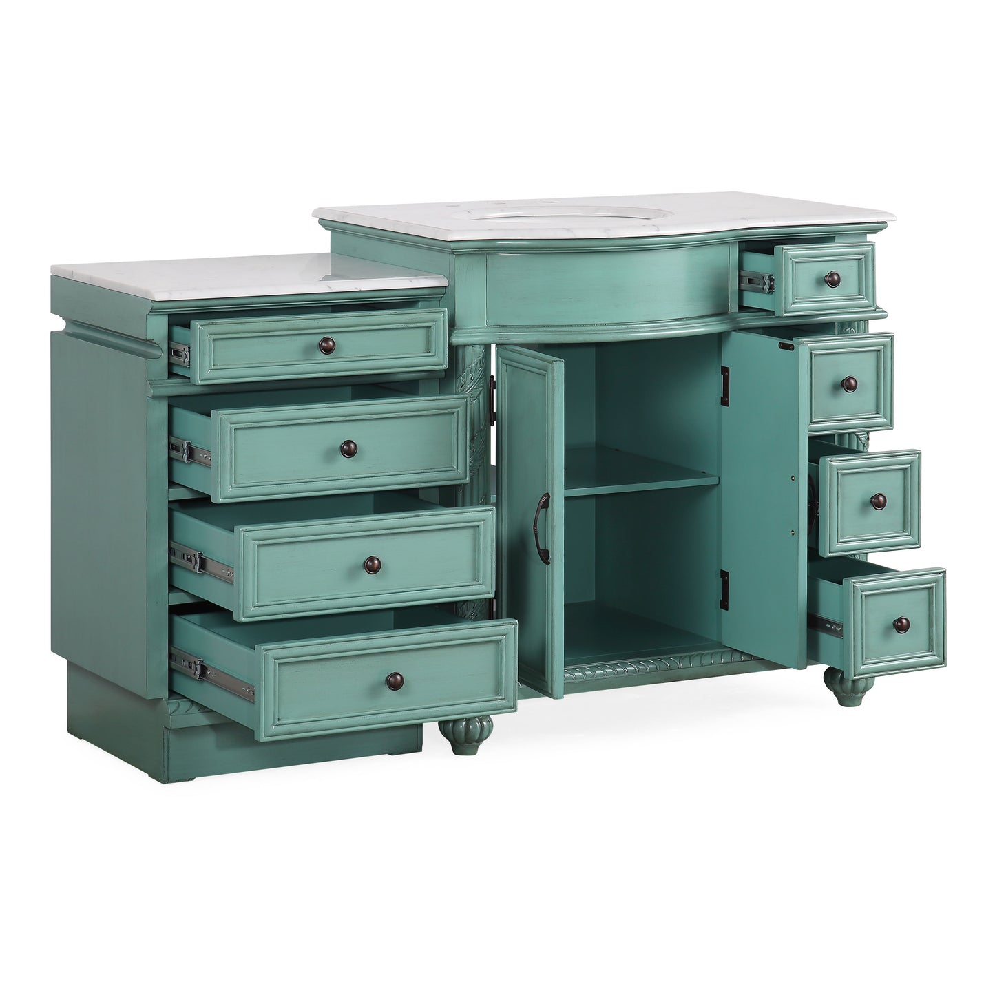 Silkroad Exclusive Traditional Vintage Green 55.5" Single Sink Vanity with Carrara White Marble Top Left side Sink - V0213NW56L, open