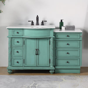Silkroad Exclusive Traditional Vintage Green 55.5" Single Sink Vanity with Carrara White Marble Top Right side Sink - V0213NW56R
