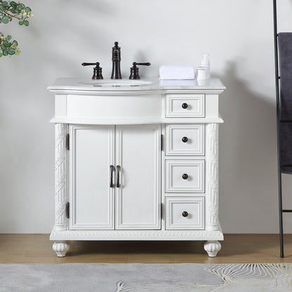 Silkroad ExclusiveTraditional 36" Single White Vanity, Marble Top, Left Sink - V0213WW36L