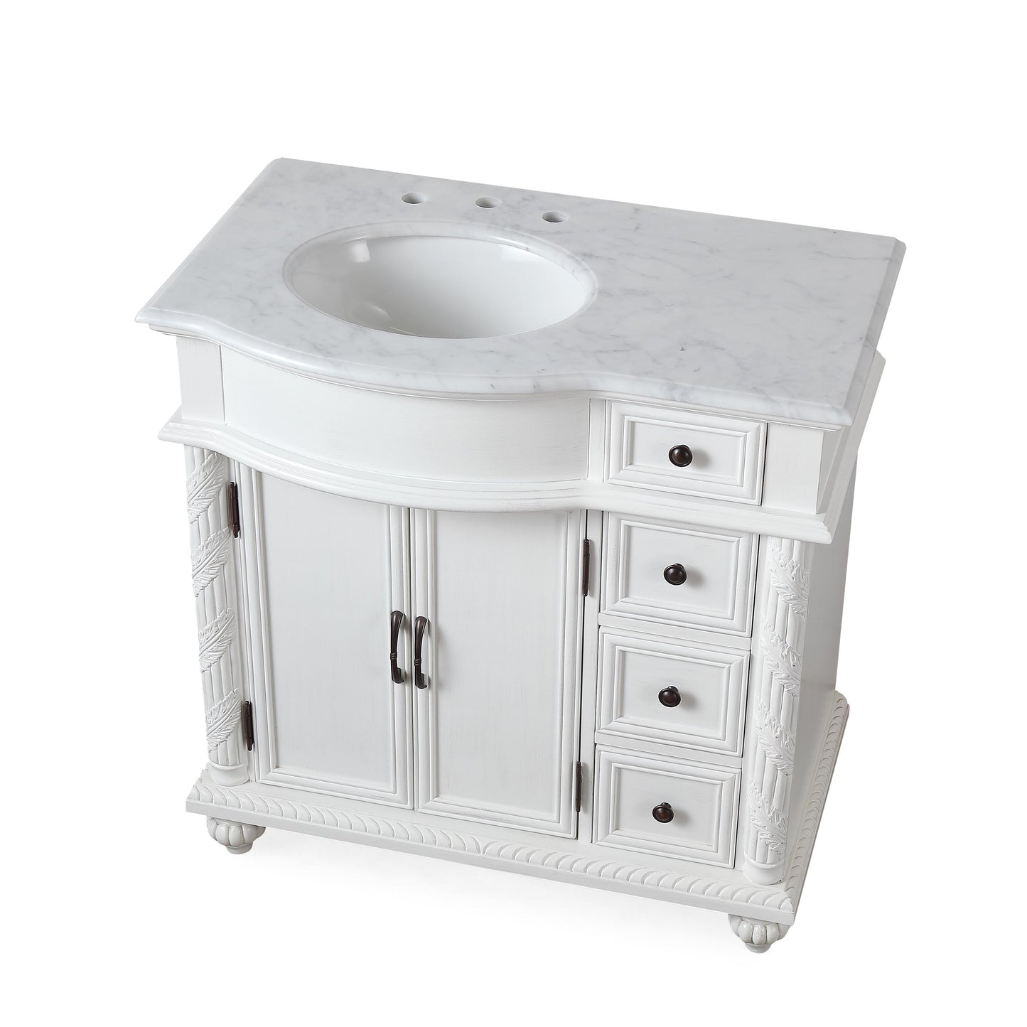 Silkroad ExclusiveTraditional 36" Single White Vanity, Marble Top, Left Sink - V0213WW36L