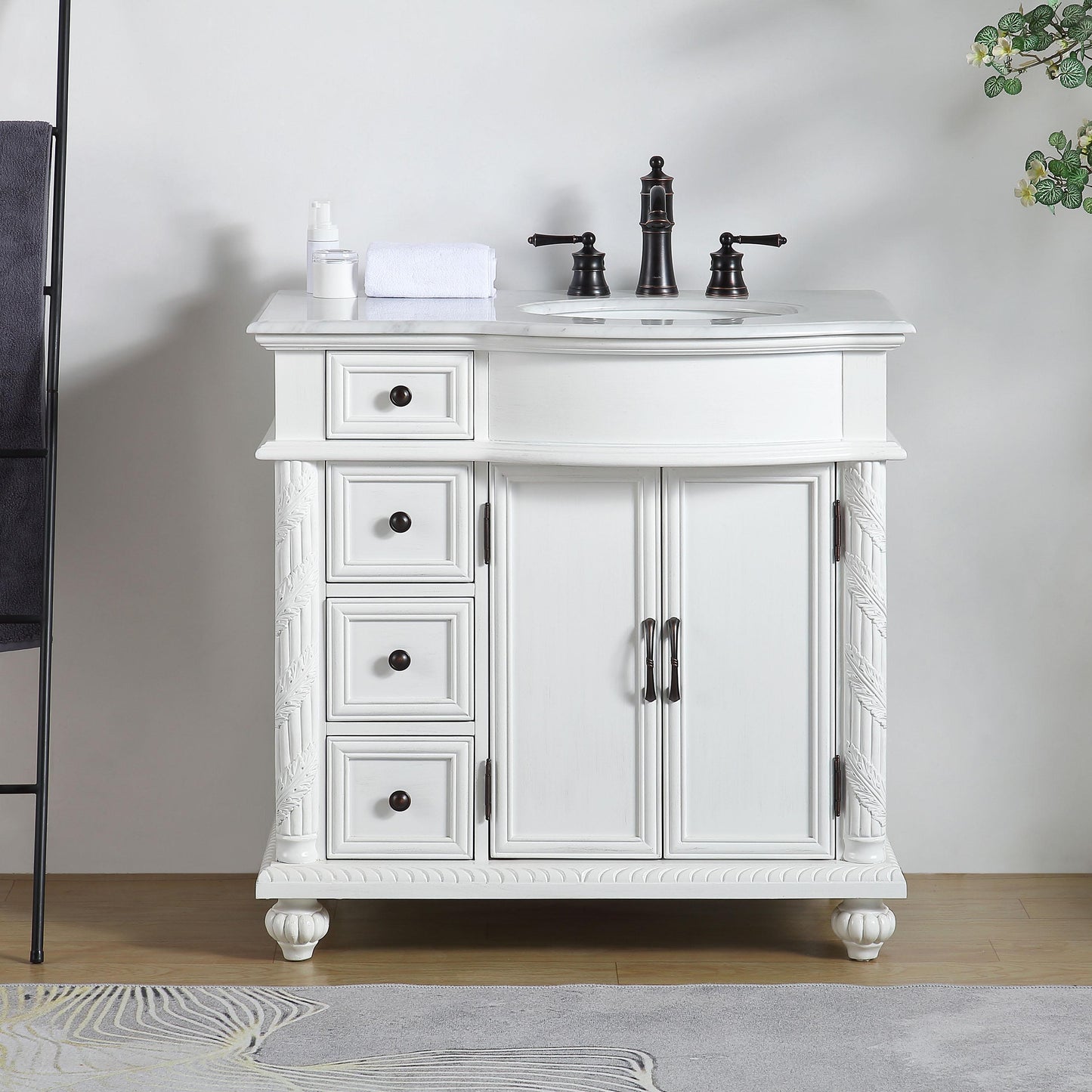 Silkroad ExclusiveTraditional 36" Single White Vanity, Marble Top, Right Sink - V0213WW36R