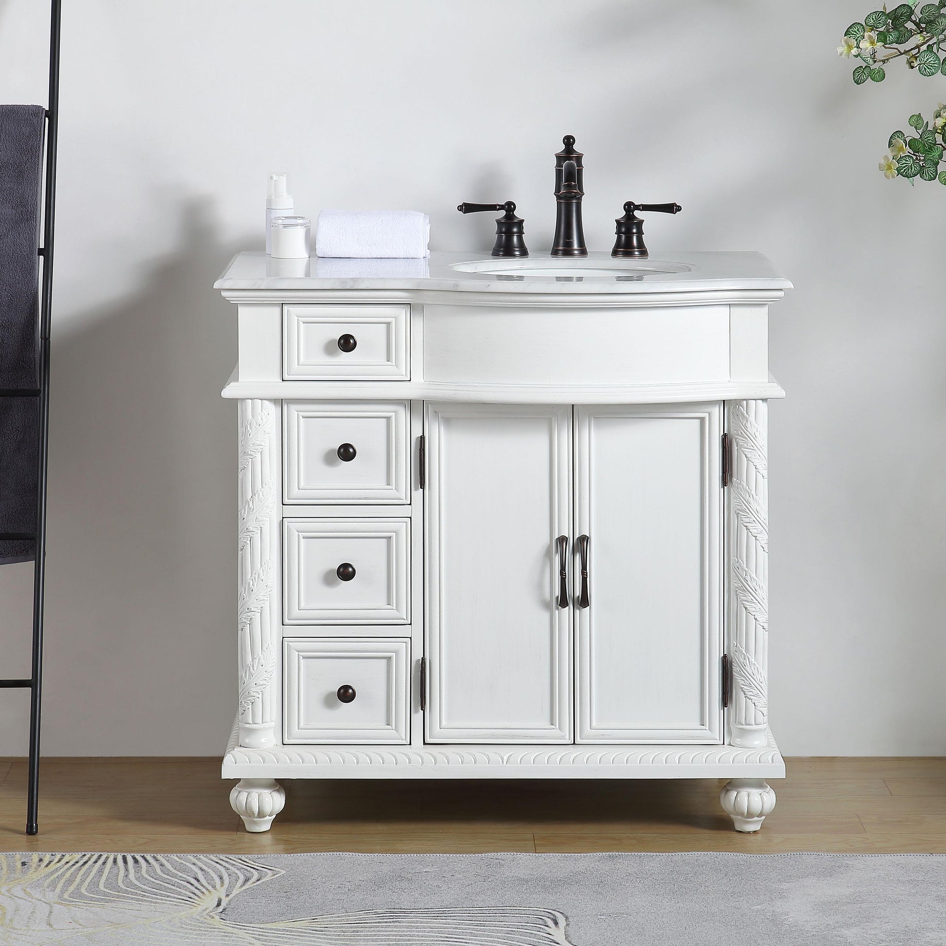 Silkroad ExclusiveTraditional 36" Single White Vanity, Marble Top, Right Sink - V0213WW36R