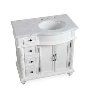 Silkroad ExclusiveTraditional 36" Single White Vanity, Marble Top, Right Sink - V0213WW36R