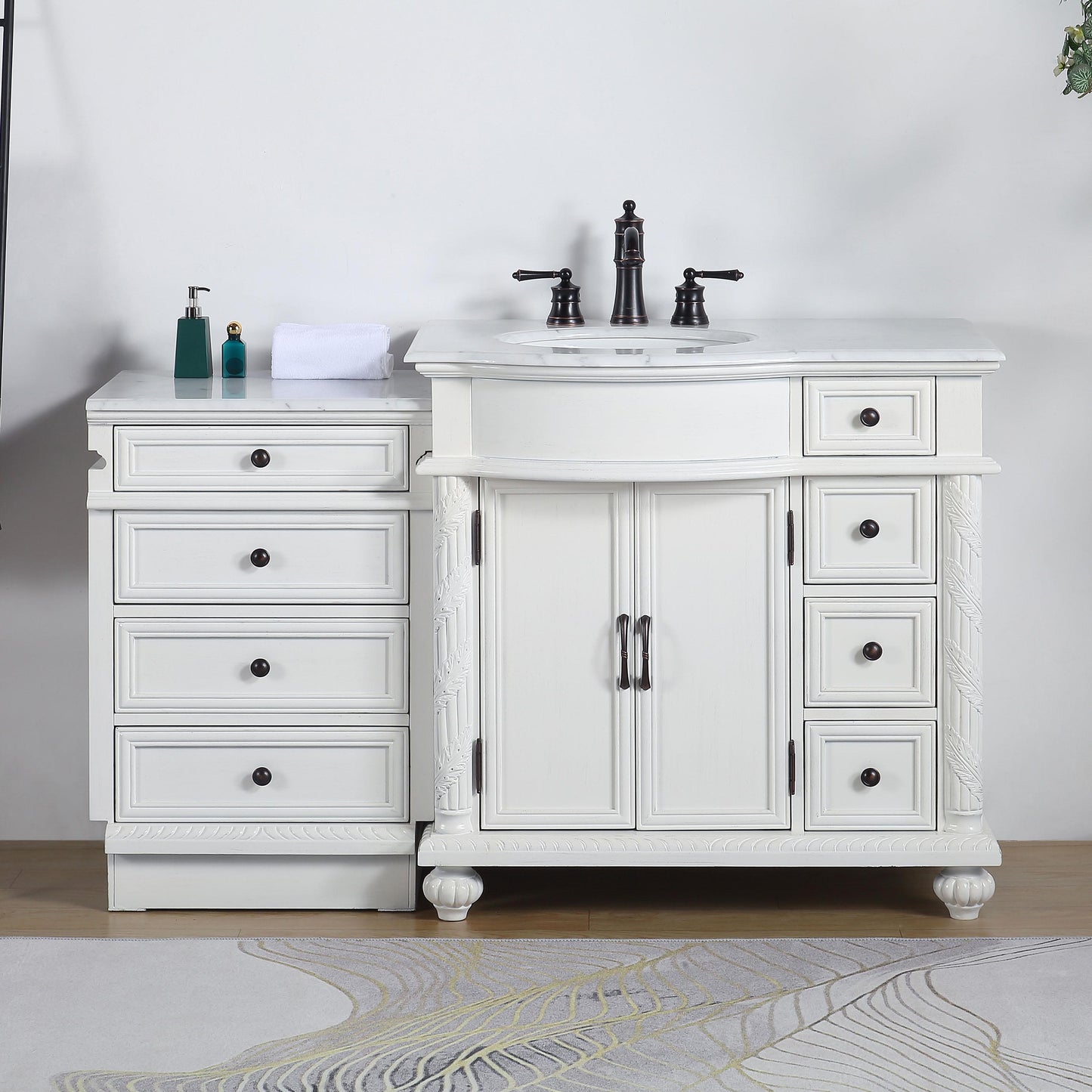 Silkroad Exclusive Traditional 55" Single Sink Vanity, Carrara Marble, Left  Bowl - V0213WW56