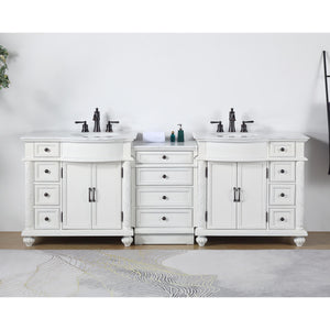 Silkroad Exclusive Traditional 90" Double Sink White Vanity, Carrara Marble Top, Bronze Hardware - V0213WW90D