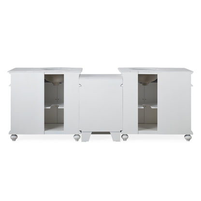 Silkroad Exclusive Traditional 90" Double Sink White Vanity, Carrara Marble Top, Bronze Hardware - V0213WW90D, back