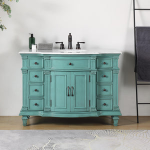 Silkroad Exclusive Traditional 48" Vanity, Carrara Marble Top, Single Center Sink, Green 