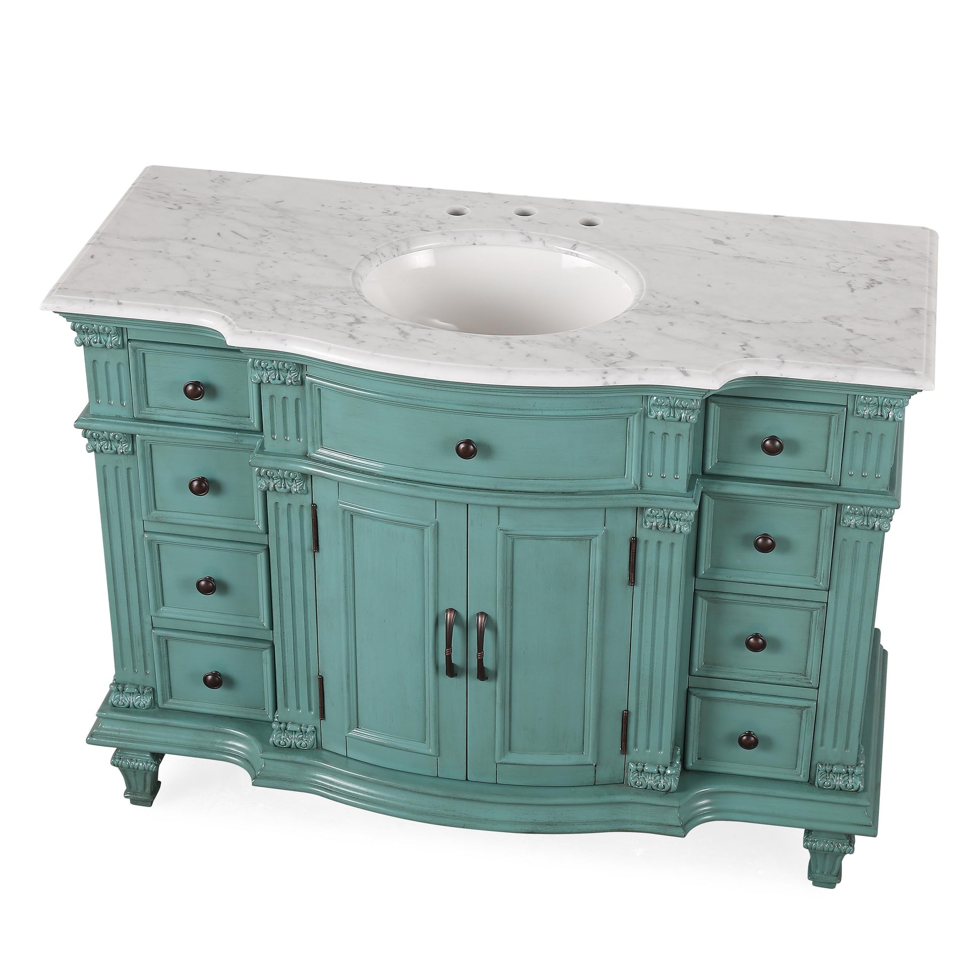 Silkroad Exclusive Traditional 48" Vanity, Carrara Marble Top, Single Center Sink, Green 