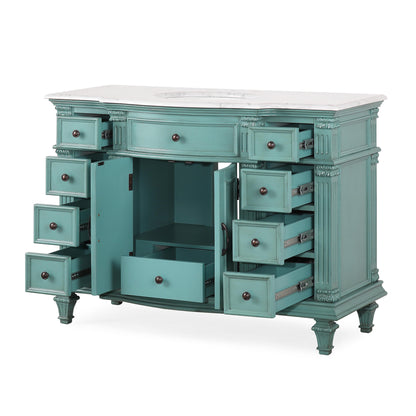 Silkroad Exclusive Traditional 48" Vanity, Carrara Marble Top, Single Center Sink, Green , open