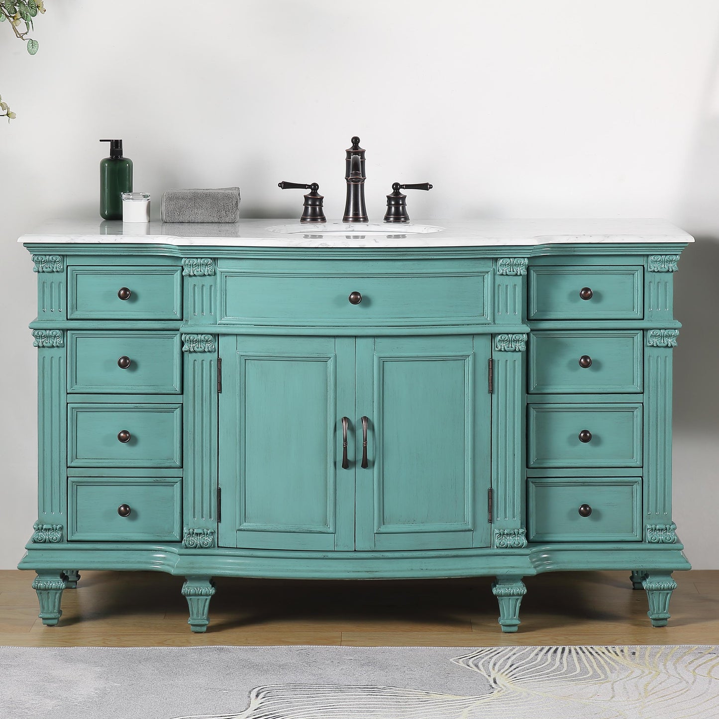 Silkroad Exclusive Traditional 60" Single Sink Vanity, Carrara Marble, Green or White