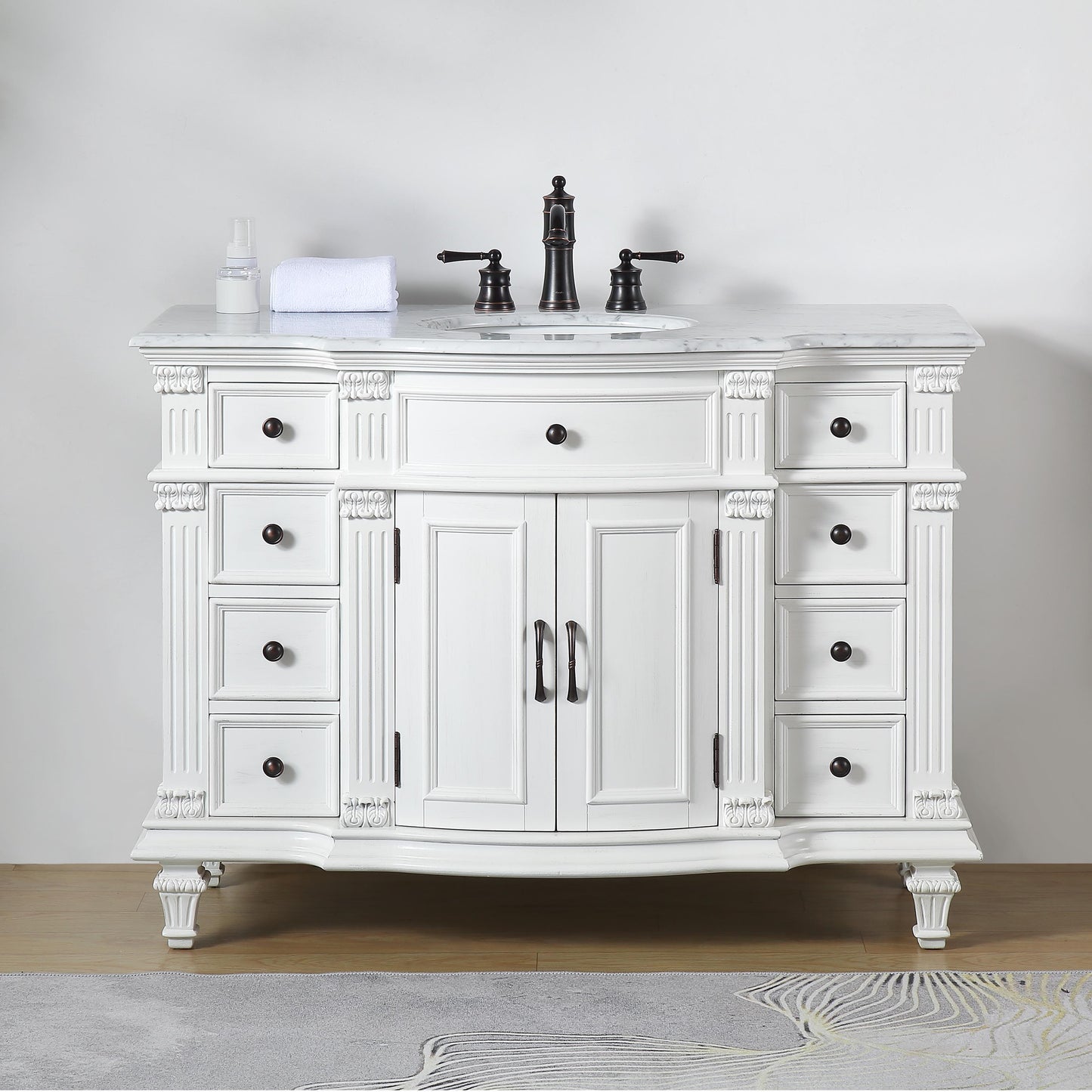 Silkroad Exclusive Traditional 48" Vanity, Carrara Marble Top, Single Center Sink, White