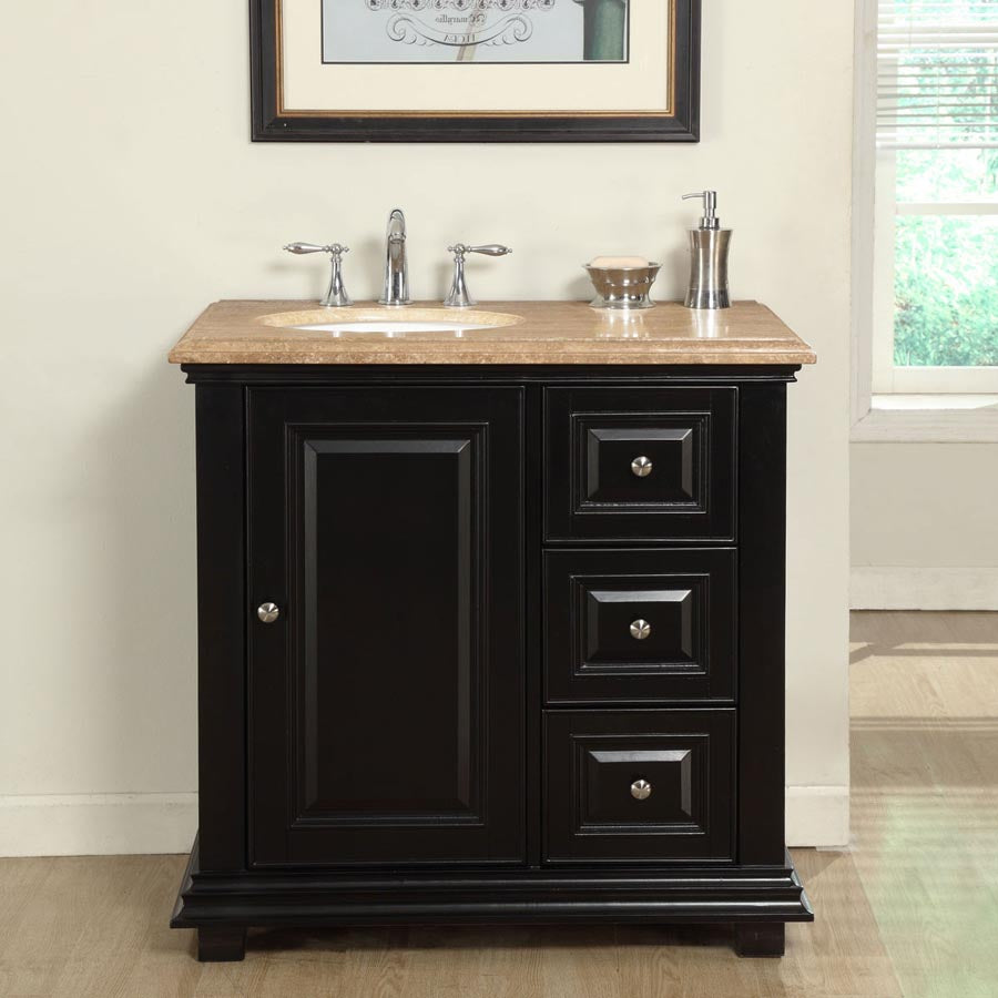 Silkroad Exclusive Transitional 36" Espresso Vanity, Left Sink, Travertine Top, Brushed Nickel - V0281TW36L