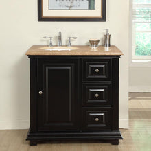 Load image into Gallery viewer, Silkroad Exclusive Transitional 36&quot; Espresso Vanity, Left Sink, Travertine Top, Brushed Nickel - V0281TW36L