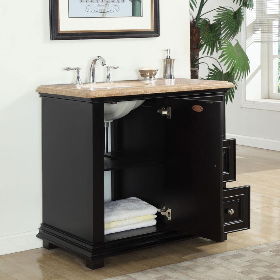 Silkroad Exclusive Transitional 36" Espresso Vanity, Left Sink, Travertine Top, Brushed Nickel - V0281TW36L