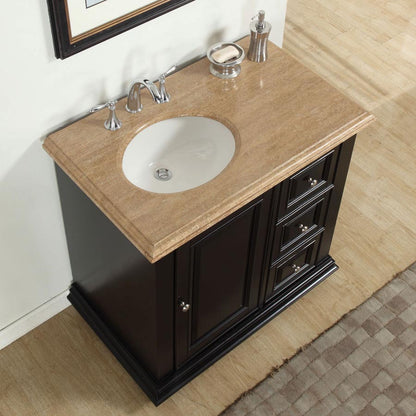 Silkroad Exclusive Transitional 36" Espresso Vanity, Left Sink, Travertine Top, Brushed Nickel - V0281TW36L