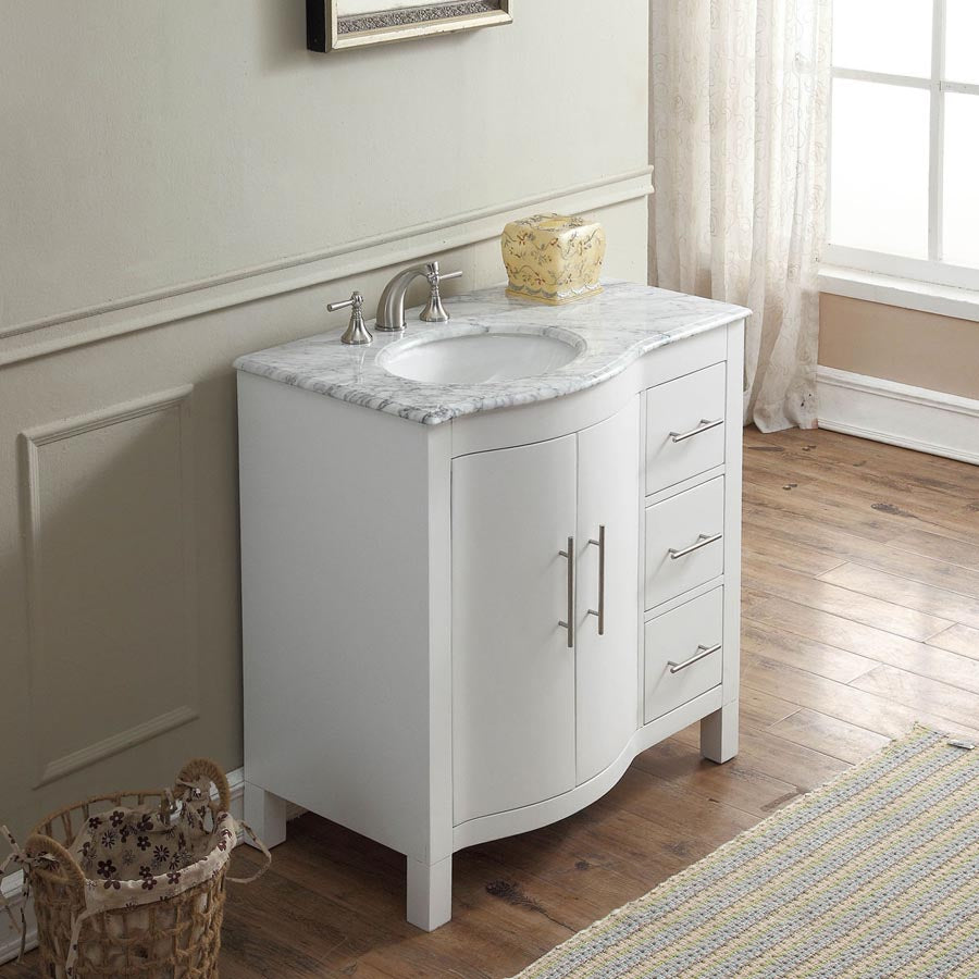 Silkroad Exclusive Modern 36" White Vanity, Carrara Marble, Left Hand Sink - V0290WW36