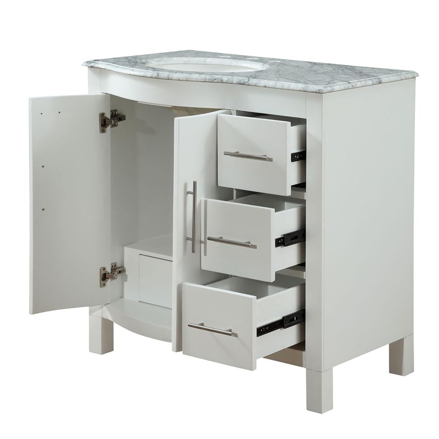 Silkroad Exclusive Modern 36" White Vanity, Carrara Marble, Left Hand Sink - V0290WW36, open