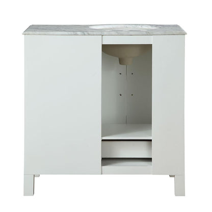 Silkroad Exclusive Modern 36" White Vanity, Carrara Marble, Left Hand Sink - V0290WW36, back