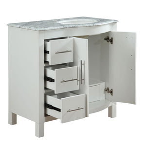 Silkroad Exclusive Modern 36" White Vanity, Carrara Marble, Right Hand Sink - V0290WW36, open