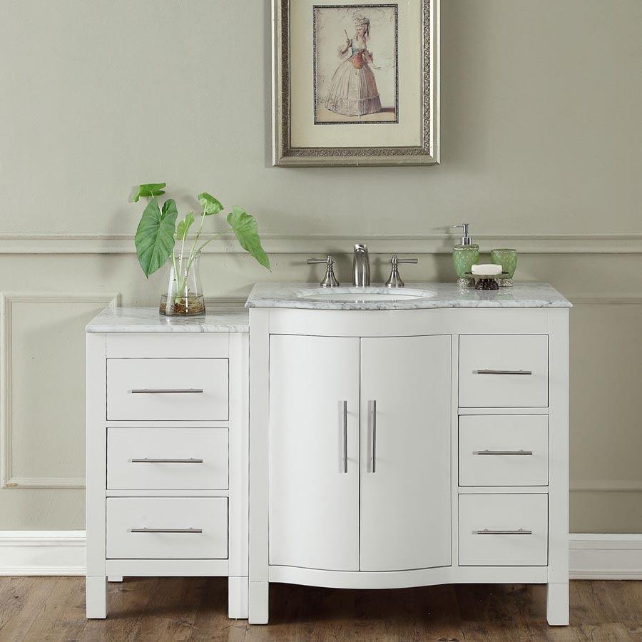 Silkroad Exclusive Modern 53.5" Single Sink Vanity, Carrara Marble Top, Brushed Nickel , Sink Bowl Left side