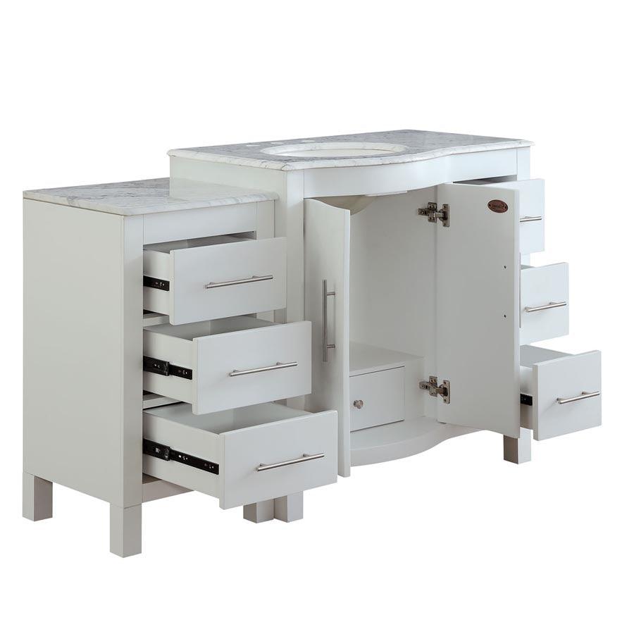 Silkroad Exclusive Modern 53.5" Single Sink Vanity, Carrara Marble Top, Brushed Nickel , Sink Bowl Left side, open