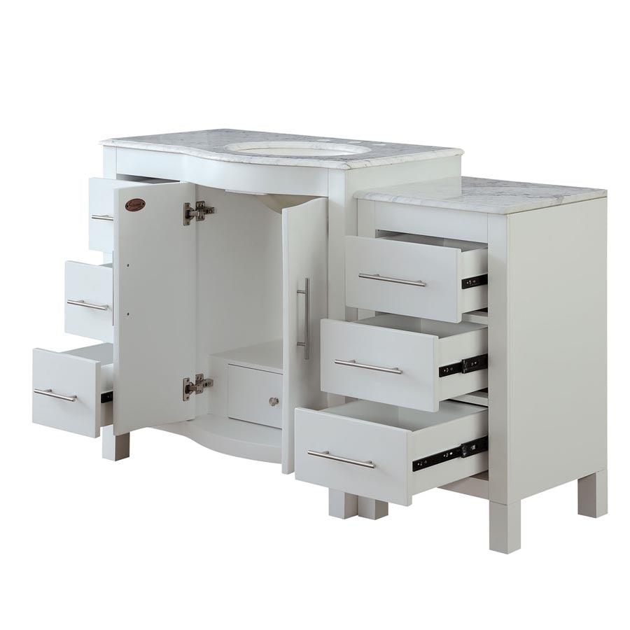 Silkroad Exclusive Modern 53.5" Single Sink Vanity, Carrara Marble Top, Brushed Nickel , Sink Bowl Right side, open