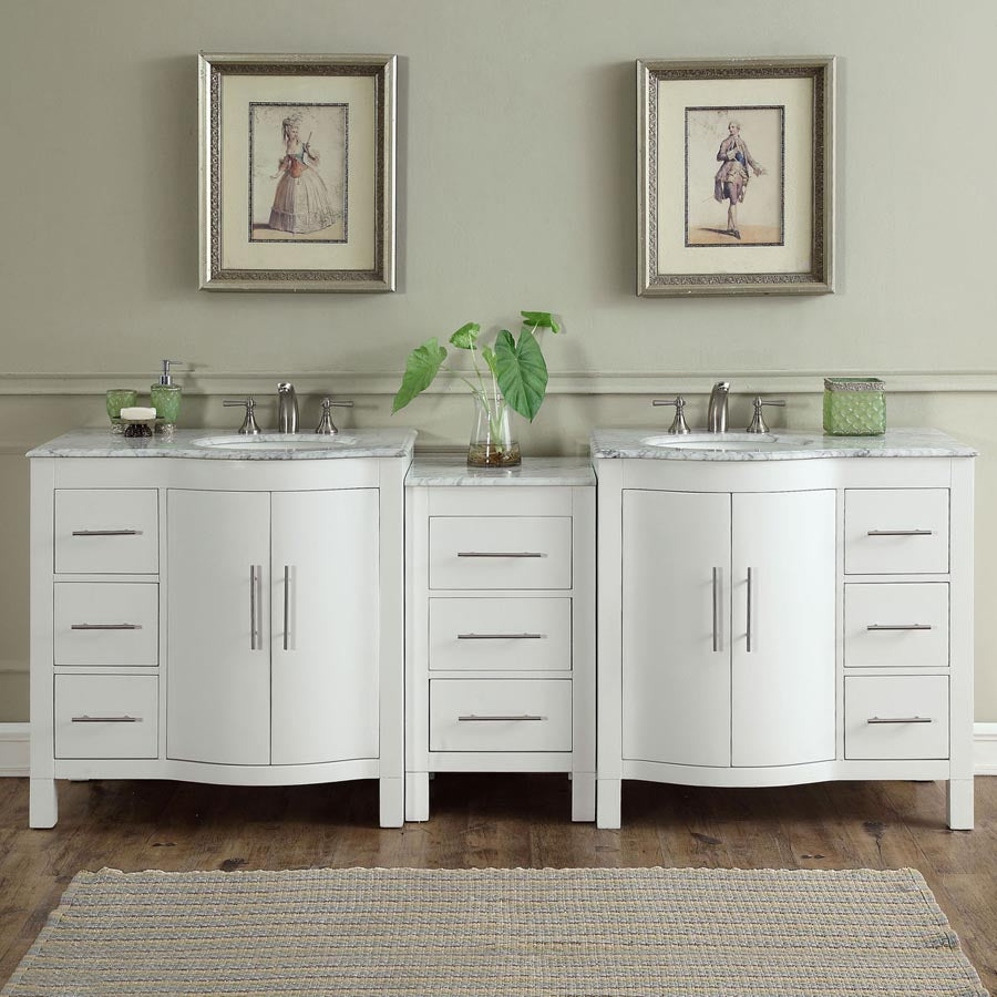 Silkroad Exclusive Modern 89" Double Sink Vanity with Carrara Marble Top, Brushed Nickel Hardware - V0290WW89D