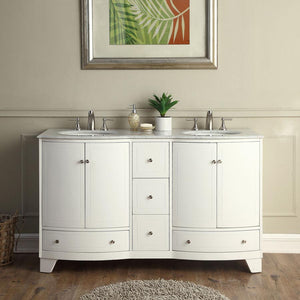 Silkroad Exclusive Transitional 60" Double Sink White Vanity, Carrara Marble, Brushed Nickel - V0291WW60D