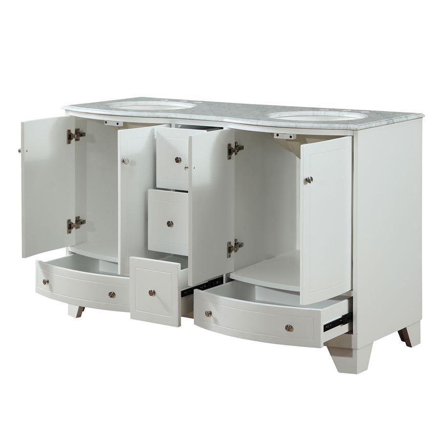 Silkroad Exclusive Transitional 60" Double Sink White Vanity, Carrara Marble, Brushed Nickel - V0291WW60D, open