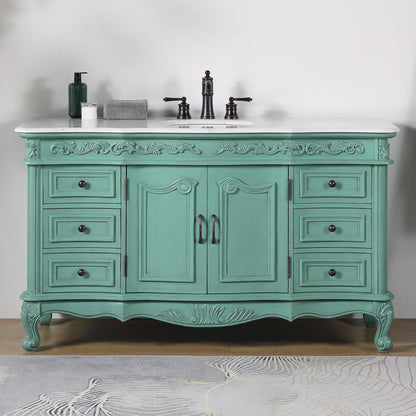 Silkroad Exclusive Traditional 60" Single Sink Vanity, Carrara Marble, Vintage Green or White