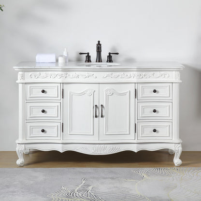 Silkroad Exclusive Traditional 60" Single Sink Vanity, Carrara Marble, Vintage Green or White