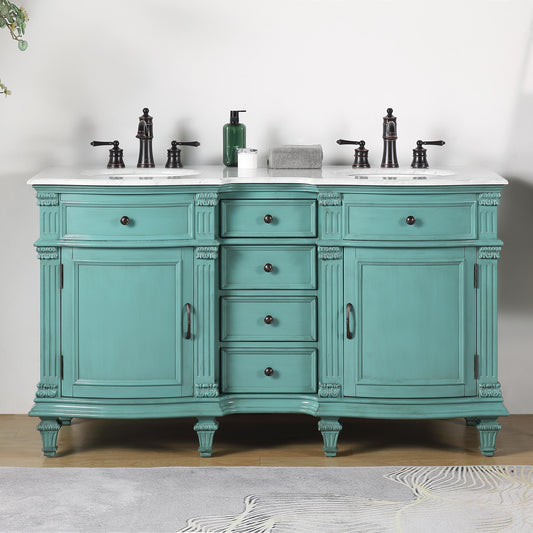 Silkroad Exclusive  Traditional 60" Double Sink Vanity, White Carrara Marble, Retro Green 