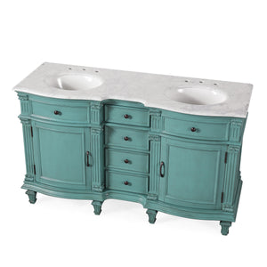 Silkroad Exclusive  Traditional 60" Double Sink Vanity, White Carrara Marble, Retro Green 