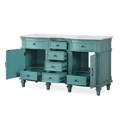 Silkroad Exclusive  Traditional 60" Double Sink Vanity, White Carrara Marble, Retro Green , open