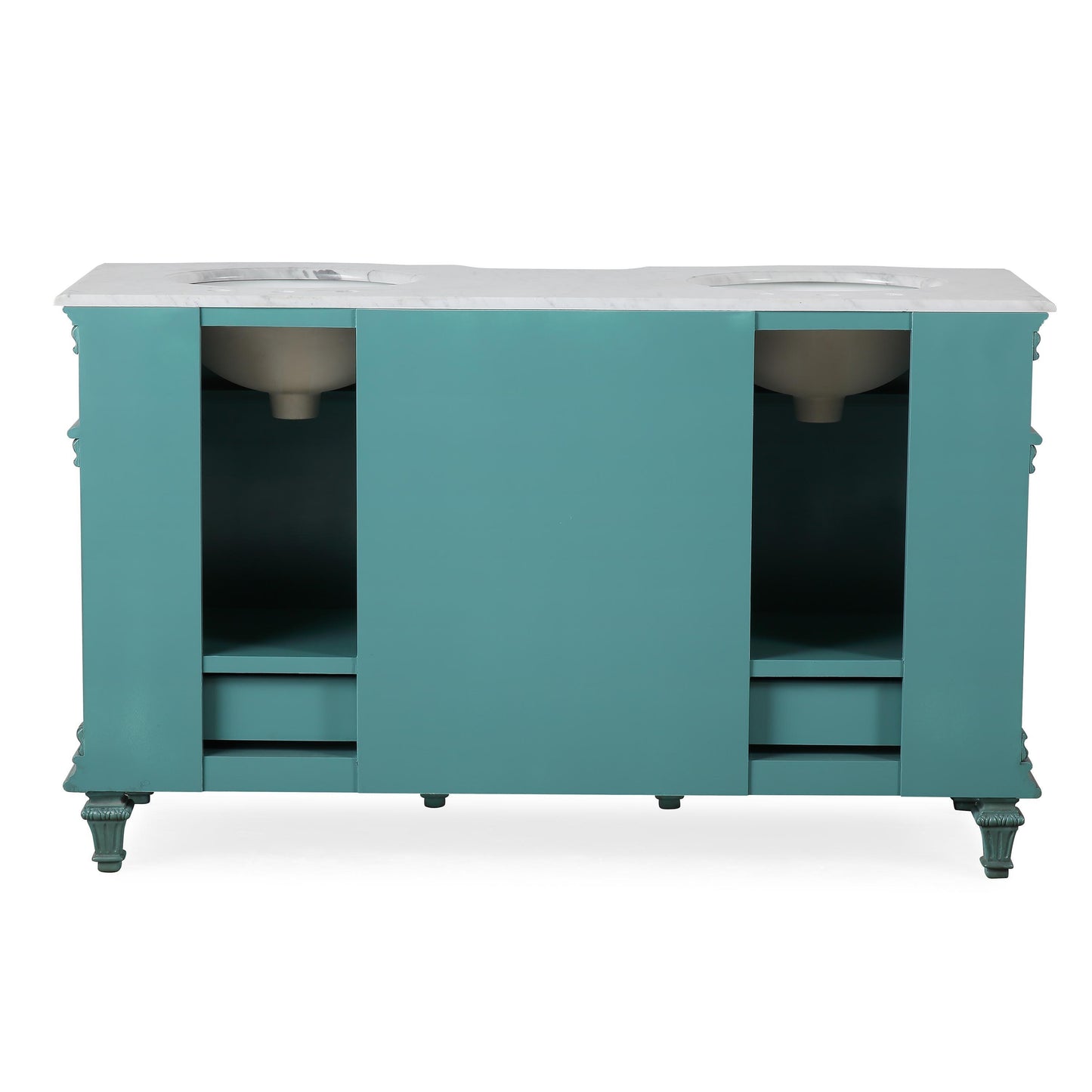 Silkroad Exclusive  Traditional 60" Double Sink Vanity, White Carrara Marble, Retro Green , back