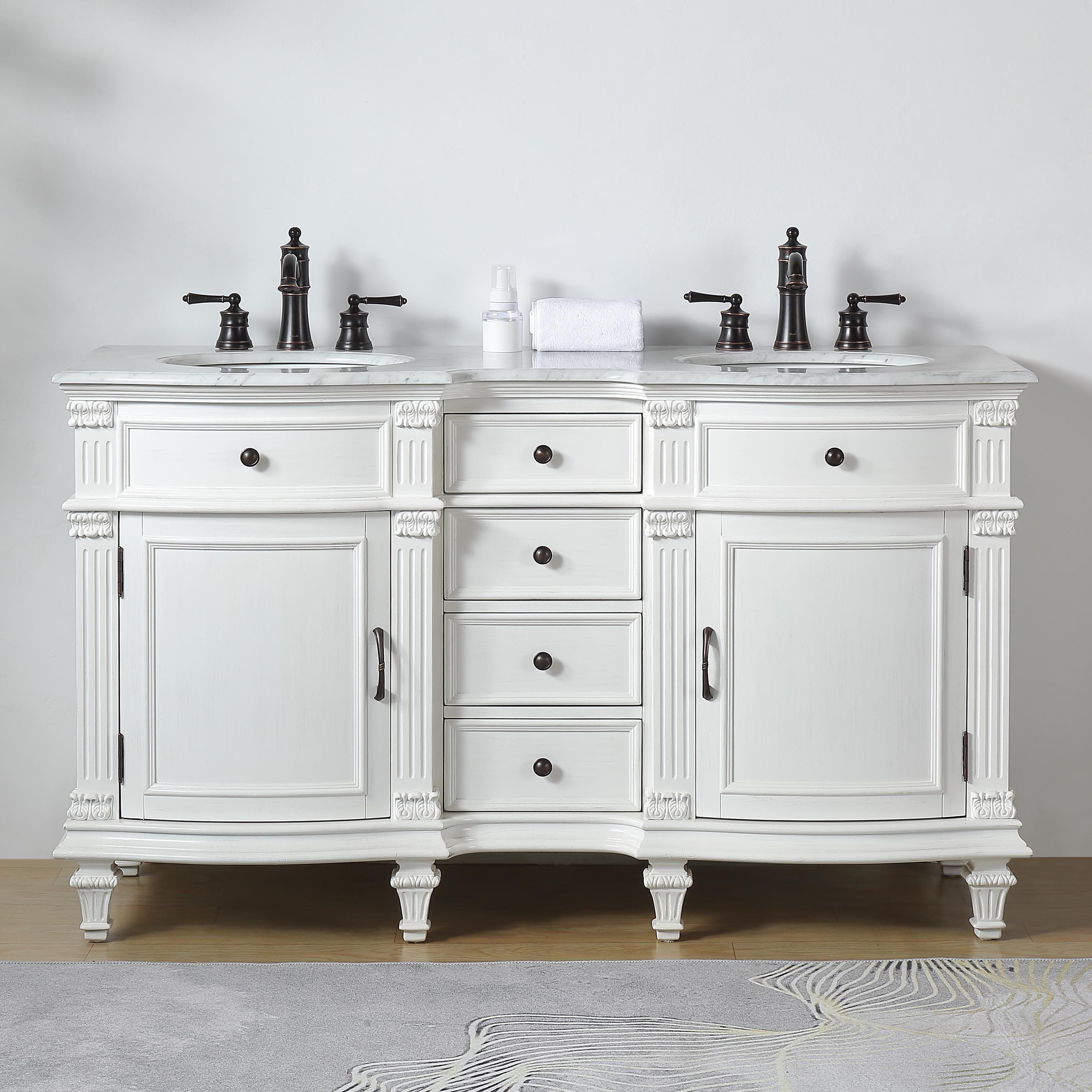 Silkroad Exclusive  Traditional 60" Double Sink Vanity, White Carrara Marble, White