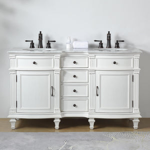 Silkroad Exclusive  Traditional 60" Double Sink Vanity, White Carrara Marble, White