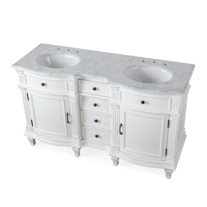 Silkroad Exclusive  Traditional 60" Double Sink Vanity, White Carrara Marble, White
