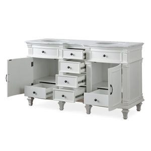 Silkroad Exclusive  Traditional 60" Double Sink Vanity, White Carrara Marble, White, open