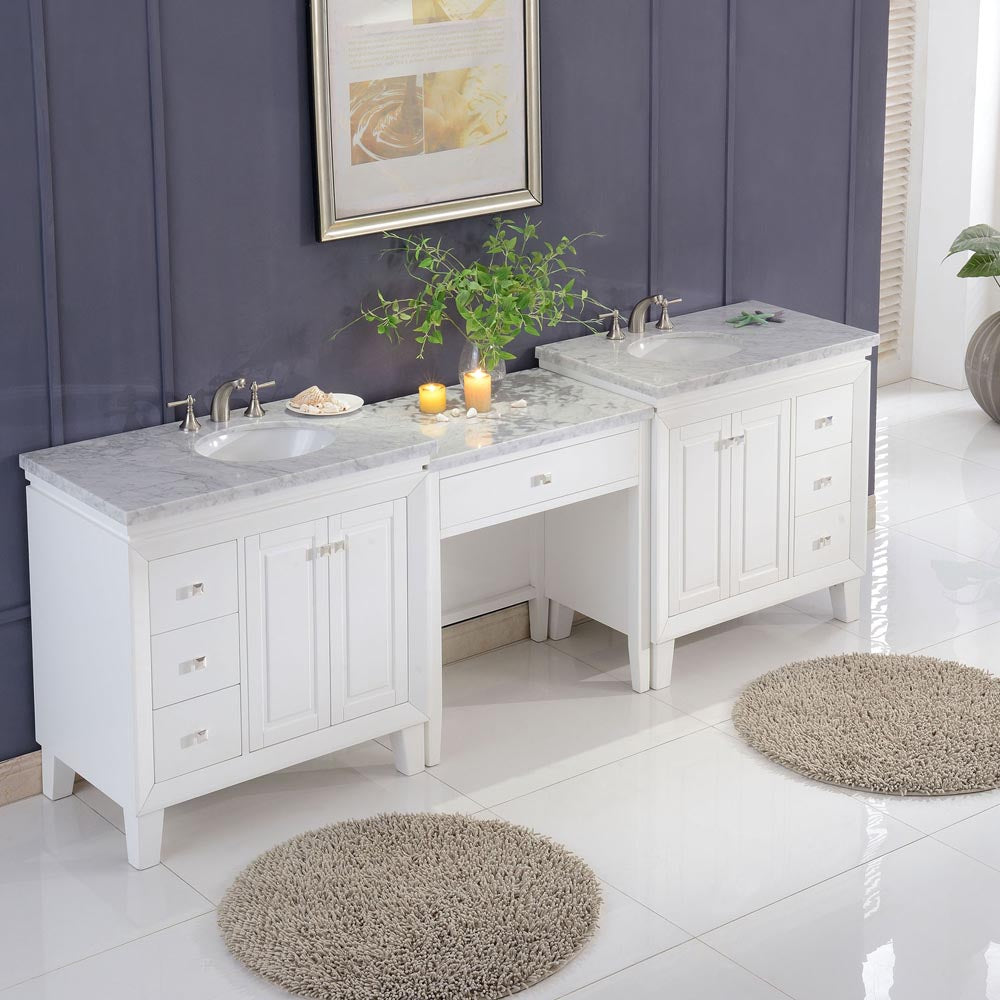 Silkroad Exclusive 103-inch  Double Sink Freestanding White Bathroom Vanity - V0320WW103D, Carrara White Marble Top,