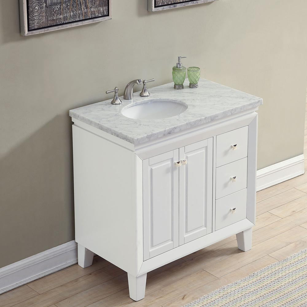 Silkroad Exclusive Transitional 36" Single Sink Vanity with Left Hand Bowl, Brushed Nickel HW - V0320WW36