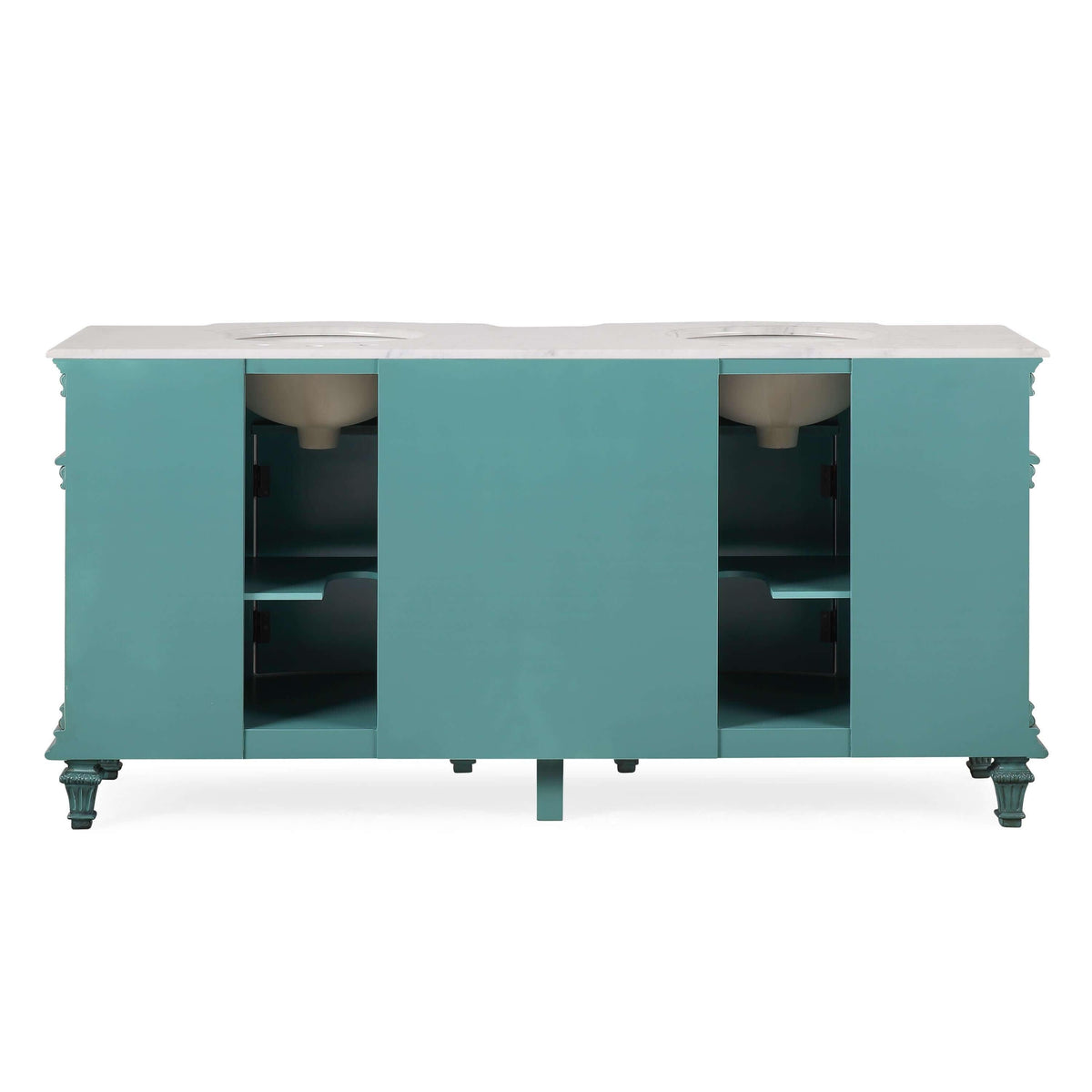 Silkroad Exclusive Traditional 72" Double Sink Vanity with Carrara White Marble Top and Retro Green finish, back