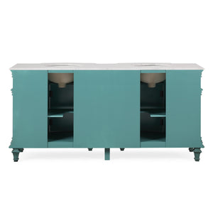 Silkroad Exclusive Traditional 72" Double Sink Vanity with Carrara White Marble Top and Retro Green finish, back