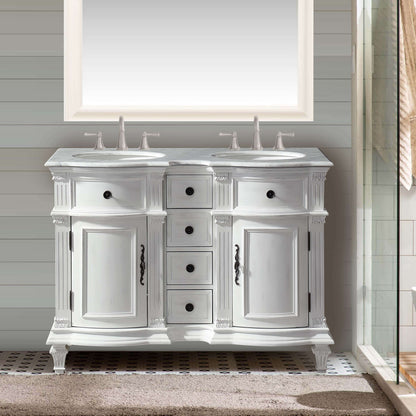 Silkroad Exclusive Traditional 48" Antique White Double Sink Marble Vanity - Silkroad Exclusive - V0722WW48D