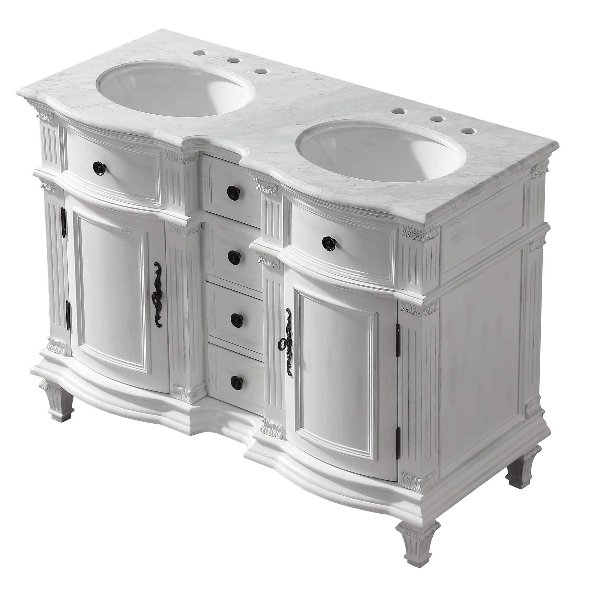 Silkroad Exclusive Traditional 48" Antique White Double Sink Marble Vanity - Silkroad Exclusive - V0722WW48D